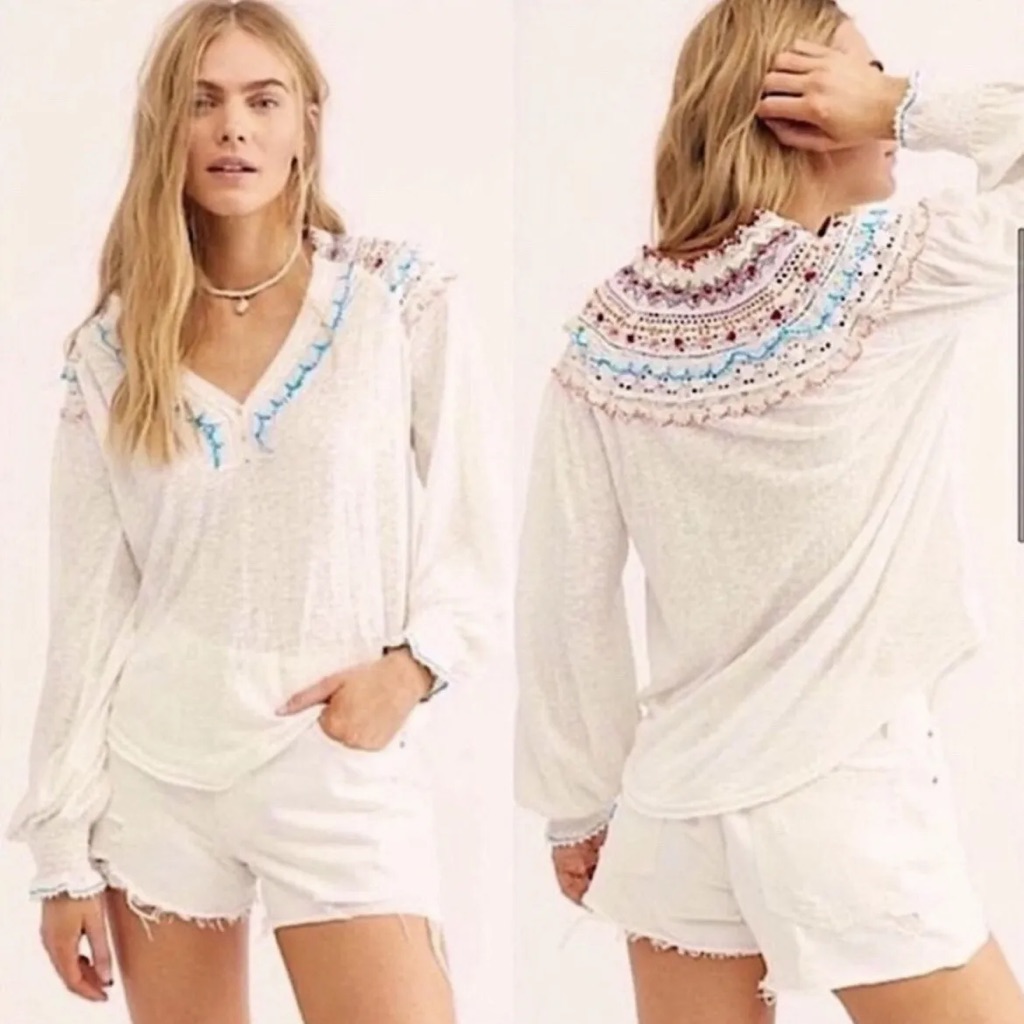Free People White Siesta Fiesta Colorful Embroidered Crochet Top Size Xs